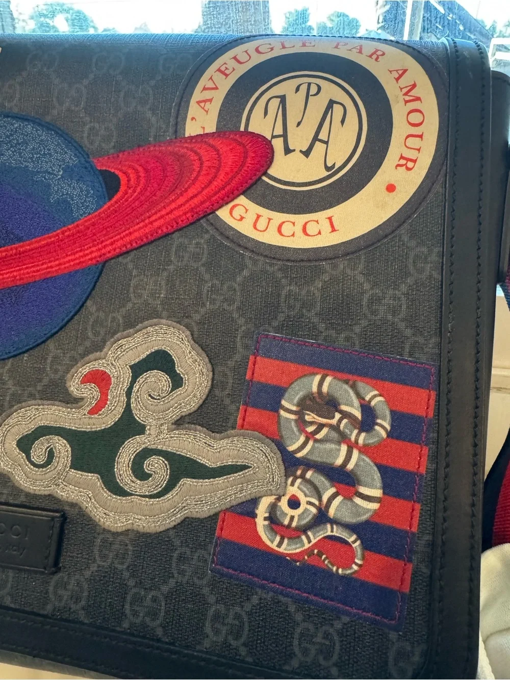 Gucci Navy GG Supreme Messenger Bag with Multicolor Planet & Patch Accents